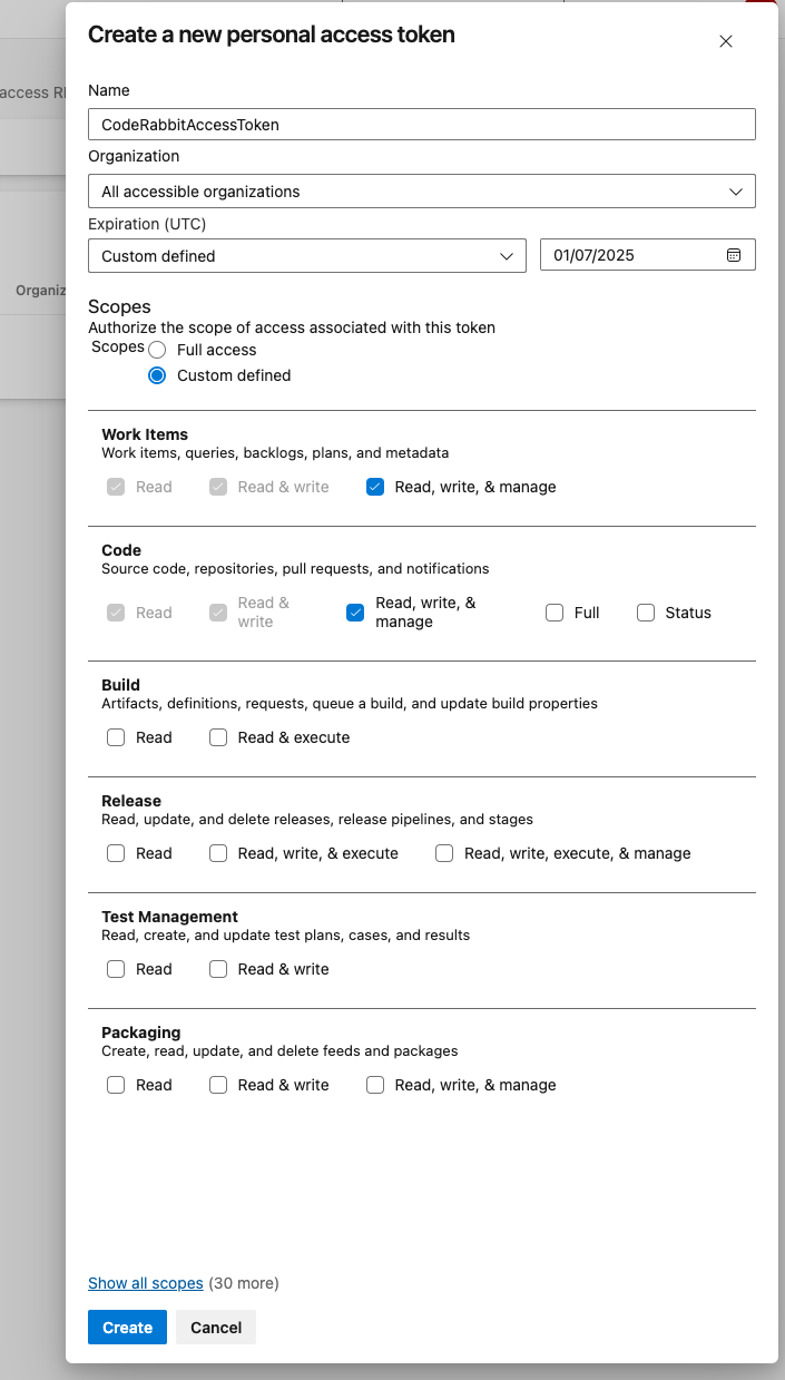 CodeRabbit azure devOps personal access token creation form